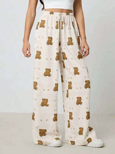 SHEIN Tall Women's Plaid Cartoon Bear Print Drawstring Waist Wide Leg Casual Pants