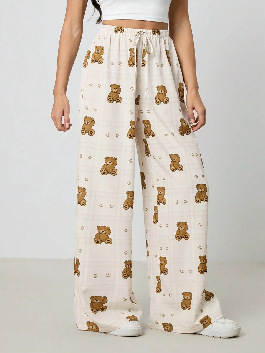 SHEIN Tall Women's Plaid Cartoon Bear Print Drawstring Waist Wide Leg Casual Pants - Apricot - View 1