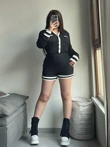 SHEIN EZwear Plus Size Vintage Casual Color Block Collar Jumpsuit, Spring - Black and White - View 1