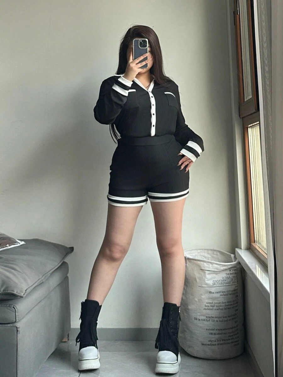 SHEIN EZwear Plus Size Vintage Casual Color Block Collar Jumpsuit, Spring - Black and White - View 1