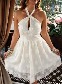 Flirla Vestido plus size feminino boho floral remendado com decote halter, para o verão - Damasco - Ver 3