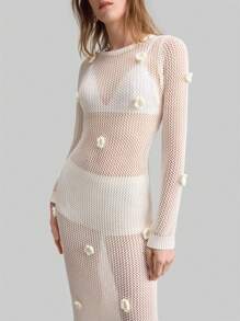 Ontre Vestido largo de punto con decoración de flor 3D hueca para mujer 2025, sofisticada flor 3D, vestido tipo capa para resort de primavera/verano, vestido de resort de primavera/verano, elegante y romántico - Blanco - Ver 6