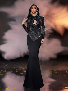 Glamrae Simple And Elegant Black Gorgeous Rhinestone Chest Hollow Wide Strap Long Sleeve Sexy Mermaid Ladies Formal Dinner Dress, Prom Evening Gown, For Wedding Guest, Graduation