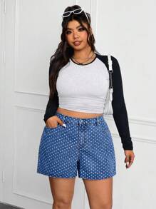 SHEIN EZwear Plus Size Women's Heart Pattern Pocket Loose Shorts - Medium Wash - View 4