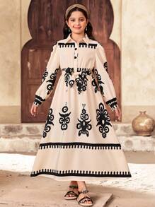 SHEIN Leap Crew Tween Girls Casual Collared Retro Print Shirt Dress - White - View 4