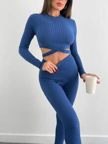 SHEIN Ensemble casual femme, t-shirt court à manches longues de couleur unie et pantalon