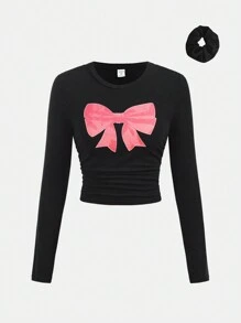 Girlism Teen Girls Bow Knit Ruched Waist T-Shirt Set With Included Hair Accessory - Black - View 1