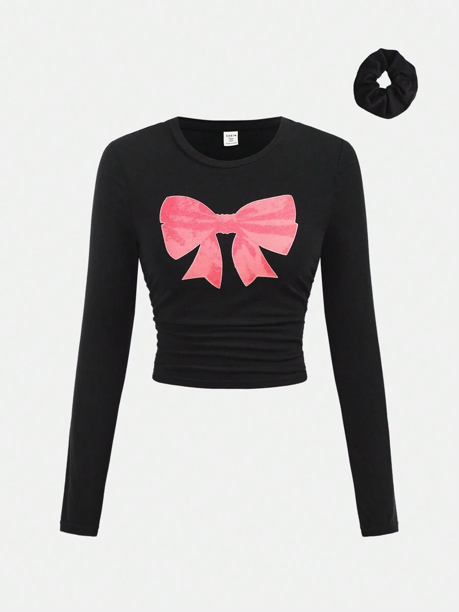 Girlism Teen Girls Bow Knit Ruched Waist T-Shirt Set With Included Hair Accessory - Black - View 1