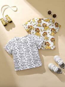 SHEIN 2 Peças Camisetas Gráficas de Leão Brancas de Estilo de Rua Casual de Verão para Menino Bebê, Tecido de Malha Macio & Confortável, Versátil para Esportes, Férias e Uso Diário - Amarelo - Visão 2