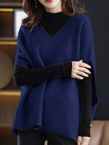 SHEIN LUNE V-Neck Loose Fit Vest Jacket With Batwing Sleeves, Knit Casual Outerwear For Autumn/Winter - Royal Blue - View 3