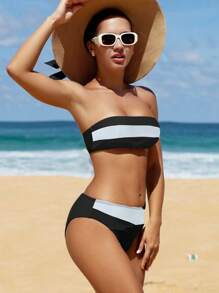Swim Vcay Color Block Two-Piece Bikini Swimwear Set For Beach Summer Vacation
