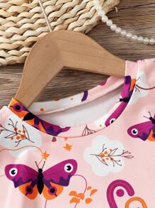 Set da 2 pezzi per ragazze giovani, composto da maglietta a maniche corte con stampa farfalla e pantaloni a zampa con costine, adatto per uso casual quotidiano e tempo libero, estivo