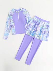 2pcs/Set Girls Tankini With Long Sleeve Top & Patterned Pants, Outfit - Multicolor - View 6