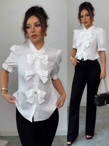Selianne Fashion Versatile Stand Collar Bow Decor Bubble Sleeve Textured Fabric Women Shirt - White - View 1