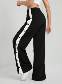 SHEIN Tall 撞色侧缝开衩裤脚纽扣细节长裤，适合毕业季、教师节、返校季等场合穿着。 - 黑色 - 查看 2