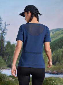 Solid Color Mesh Splice Short Sleeve Sports Fitness T-Shirt - Blue - View 2