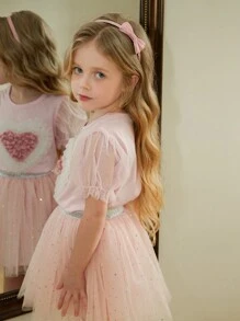 SHEIN Young Girls' Puff Sleeve Heart Decor Mesh Puff Sleeve Short Sleeve T-Shirt, Comfortable Round Neck, Cute & Fashionable, Spring & Summer