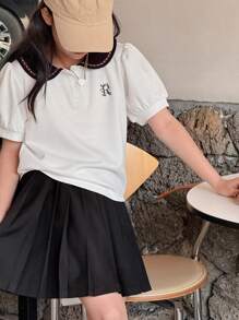 DAZY Conjunto de 2 piezas para niña preadolescente con blusa de manga abullonada de bloques de color en cuello y falda plisada - Blanco - Ver 7