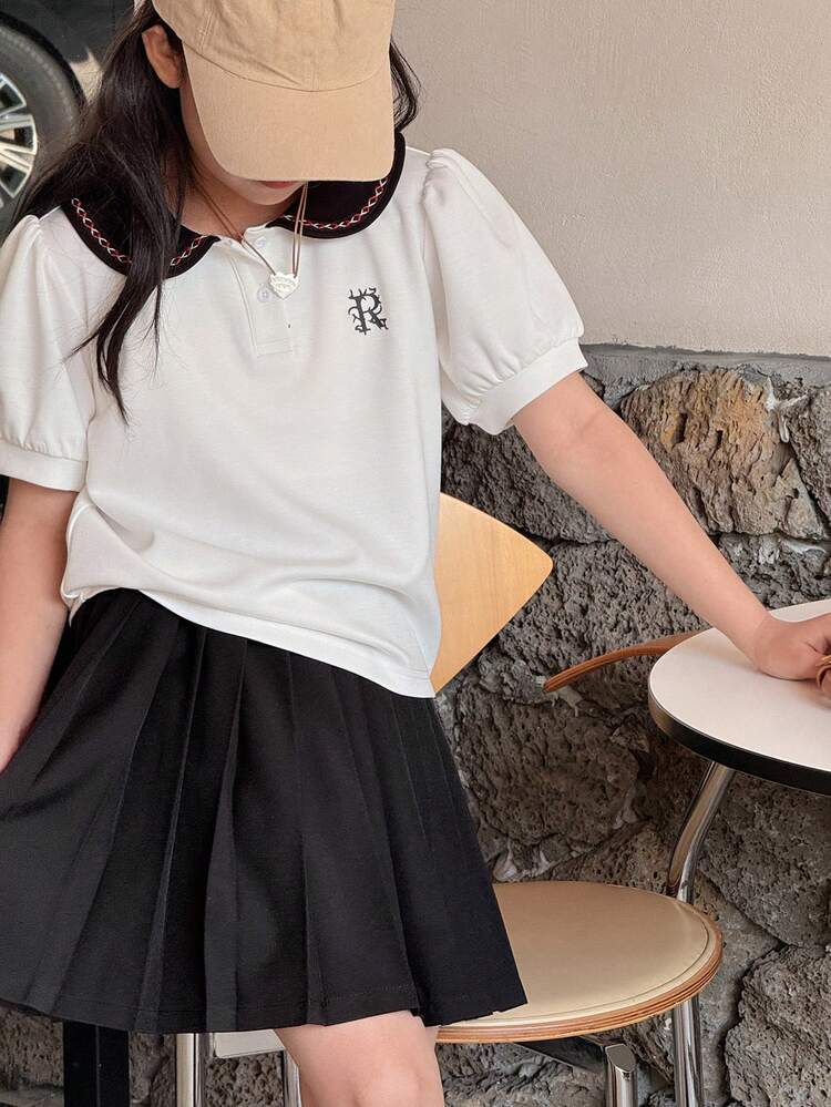 Tween Girl Casual Color Block Collar Puff Sleeve Top And Pleated Skirt 2 Pieces Set