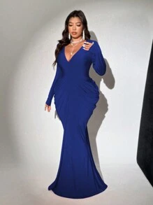 Viva Relle Plus Size Deep V-Neck Long Sleeve Ruched Dress Fall Cloth For Women - Blue - View 5
