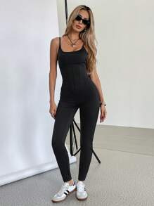 SHEIN Essnce 女士黑色连体裤纯色优雅女士休闲纯色无袖修身连体裤 - 黑色 - 查看 5