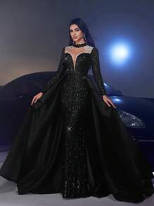Glamrae Elegant Luxury Sequin Satin Splice Sheer Rhinestone Long Sleeve Fishtail Maxi Dress, Formal Gown, Wedding Guest Dress, Party Dress, Evening Dress - Black - View 1