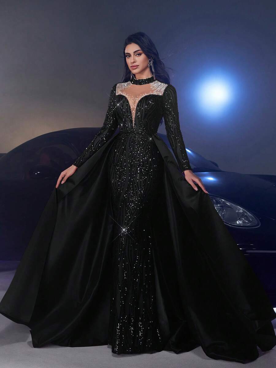 Glamrae Elegant Luxury Sequin Satin Splice Sheer Rhinestone Long Sleeve Fishtail Maxi Dress, Formal Gown, Wedding Guest Dress, Party Dress, Evening Dress - Black - View 1