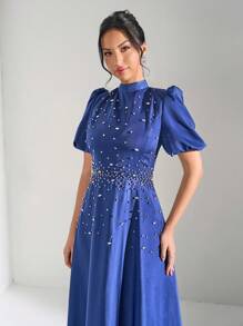 SHEIN Belle 宝石领短袖水钻装饰拼接礼服，婚礼宾客礼服，优雅奢华女士长裙，适合派对音乐节春夏，晚礼服 - 藏蓝色 - 查看 4