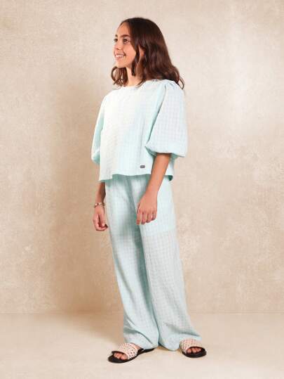SUMWON Summer Textured Gingham Wide Leg Co-Ord Set Balloon Sleeve Top Palazzo Pants Two Piece Wear Spring Vacation Resort Wear