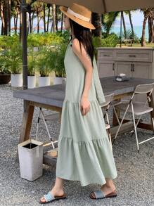 DAZY Women Solid Color Ruffled Hem Halter Midi Dress Summer Sundress,Casual Women Dresses - Green - View 4
