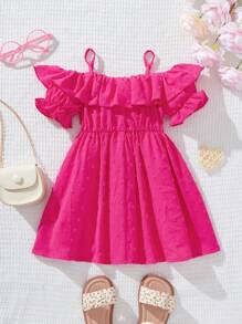 SHEIN Baby Girl Summer Cute Pink Ruffle Strap Dress - Hot Pink - View 2