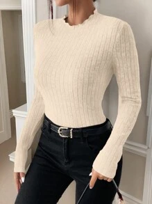 SHEIN Frenchy Mock Neck Ribbed Knit Textured Fabric Tee Dark Red Topburgundy>Topribbed Top - Apricot - View 5