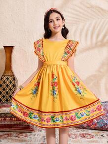 Tween Girls Floral Print Cap Sleeve Dress, Spring/Summer,Holiday Summer Travel - Yellow - View 3
