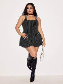 SHEIN ICON 大码条纹褶皱迷你裙，金属扣装饰，Y2K 风格 - 黑與白 - 查看 7