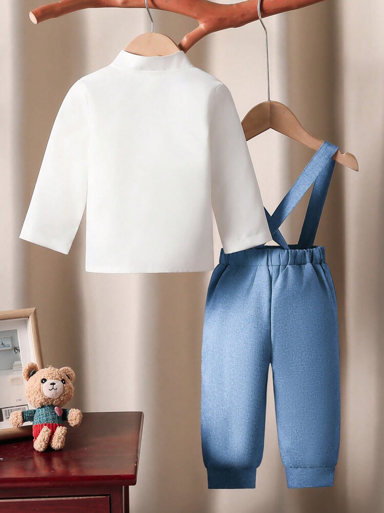 Souflis Souflis 男婴绅士英伦风衬衫 + 泰迪熊刺绣蝴蝶结 + 围兜裤套装适合生日、婚礼、派对、春秋季 - 淺藍色 - 查看 2