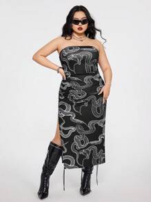 SHEIN ICON Robe moulante gothique style punk Y2K imprimé serpent avec dos nu et fente, grande taille - Noir et Blanc - Voir 7