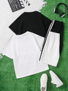 4pcs Tween Boy Casual Sports Letter Side Stripe Round Neck Short Sleeve T-Shirt Top And Sports Shorts Set, Suitable For Commuting, School, Daily Casual Wear, Sports, Spring/Summer