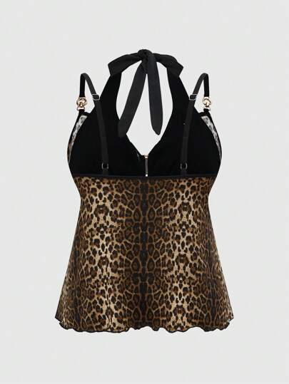 J-Fashion Parte superior de tirantes asimétrica de estampado de leopardo 2 en 1 para el verano, con colgante de cruz metálica, para un estilo grunge, punk, Y2K y gyaru para tallas grandes