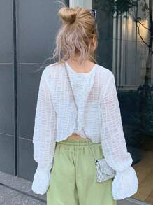 FRIFUL 女式白色短款上衣，纹理面料，前开衩，节日氛围，夏季长袖女式上衣，秋季女装 - 白色 - 查看 5