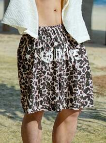DAZY 男士字母豹纹沙滩短裤，夏日假日风格