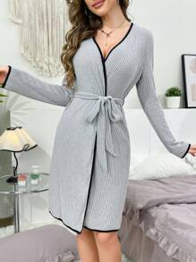 Elegant Color Block Trim Casual Women Bathrobe, Fall