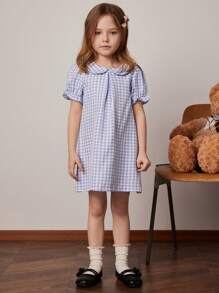 PrepCrw 年轻女孩春夏格纹编织领蝴蝶结连衣裙