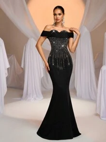 Glamrae Elegant Black Handmade Hot Diamond Sexy One Shoulder Pleated Fishtail Skirt With Train Suitable For Valentine's Day Party Dinner Dress - Black - View 6