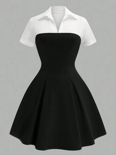 Sunspun Plus Size Elegant Holiday Party Sweet Sexy Black & White Patchwork Long Sleeve A-Line Dress, Birthday Party, Wedding Guest, Cocktail, Formal Occasion