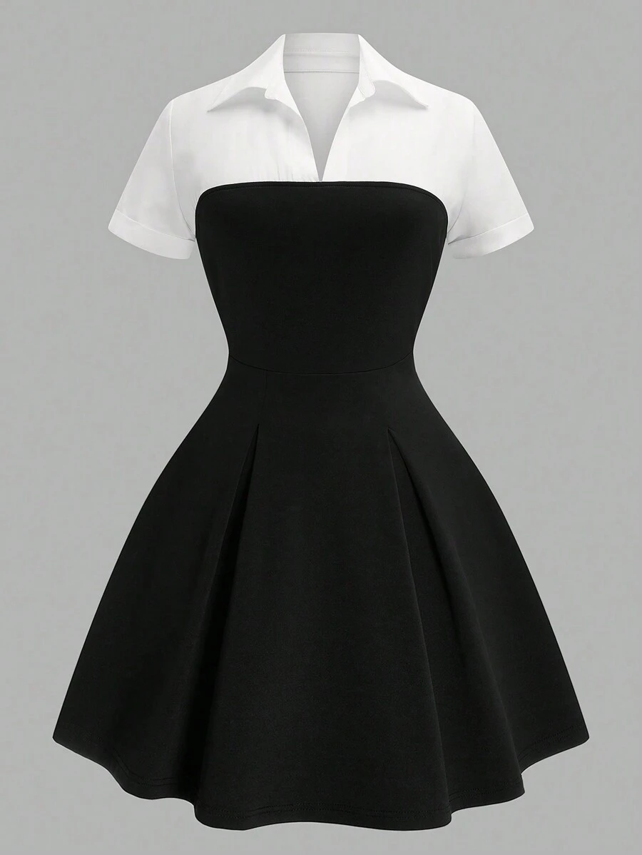 Sunspun Plus Size Elegant Holiday Party Sweet Sexy Black & White Patchwork Long Sleeve A-Line Dress, Birthday Party, Wedding Guest, Cocktail, Formal Occasion