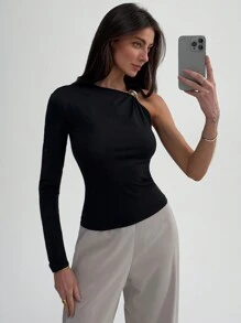 Aloruh Women's Solid Color Shoulder Slim Fit Stylish Blouse - Black - View 4