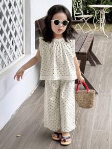 Dazy Kids 2pcs Young Girl Girls Sleeveless Allover Print Shirt + Woven Pants Set, Spring/Summer Vacation - White - View 7