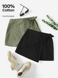 SHEIN Essnce Paquete de 2 shorts casuales de verano para mujer de unicolor con dobladillo asimétrico retorcido, falda con shorts con lazo, shorts de lino para mujer