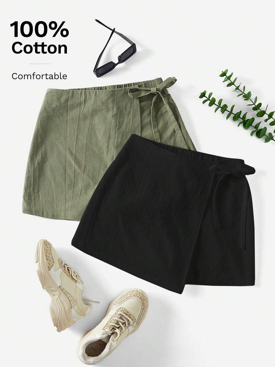 SHEIN Essnce Women's Solid Color Twist Asymmetric Hem Casual Shorts For Summer 2 Packs Skirt With Shorts Bow Shorts Women Linen Shorts