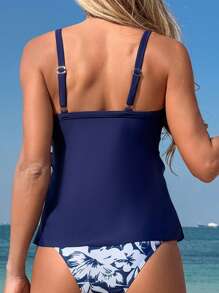 Swim Lushoire Bộ đồ bơi Tankini họa tiết hoa buộc dây màu trơn đi biển mùa hè dành cho nữ - Màu xanh hải quân - Xem 2